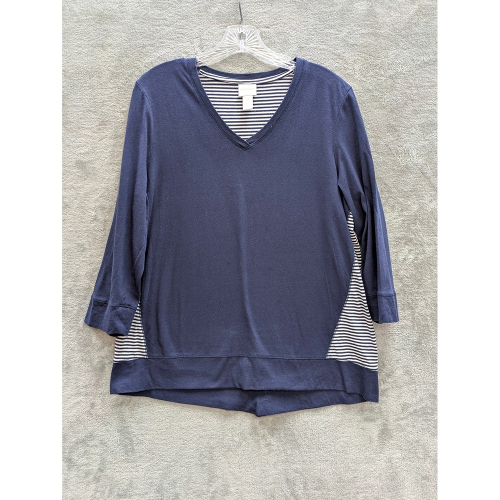 Chicos Weekends Size 2 Top Womens Large Navy Colorblock Coastal Nautical Striped